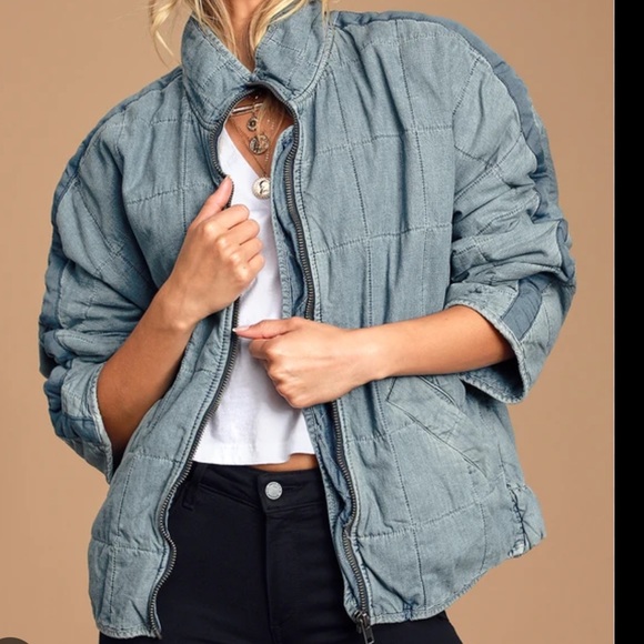 Free People Quilted Dolman Jacket Cali Blue Ground Denim Zip Up Size Small - Picture 7 of 7